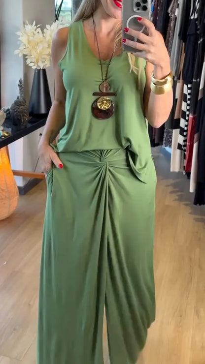 Sleeveless Tank Top & Twist Front Wide Leg Pants Two Piece Set