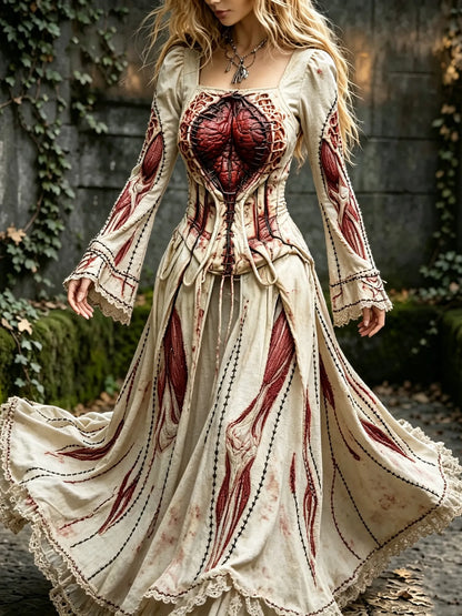 Women's Retro Human Body Structure Halloween Pattern Casual Long-sleeved Dress