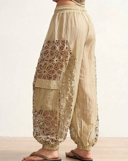 Beige Lace Cutout Drawstring Harem Pants