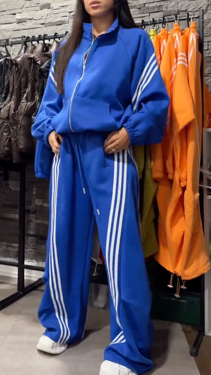 3-Stripe Athletic Zip-Up Sweatshirt + Wide-Leg Pants Set