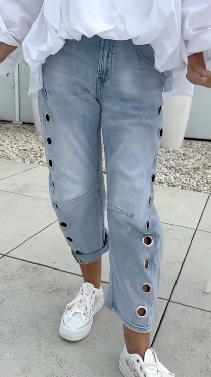 Oversized V‑Neck Shirt & Eyelet‑Detail Cropped Jeans Co‑Ord Set
