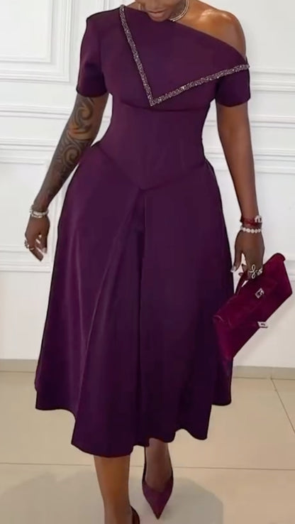 Deep Purple Off-the-Shoulder Midi Dress