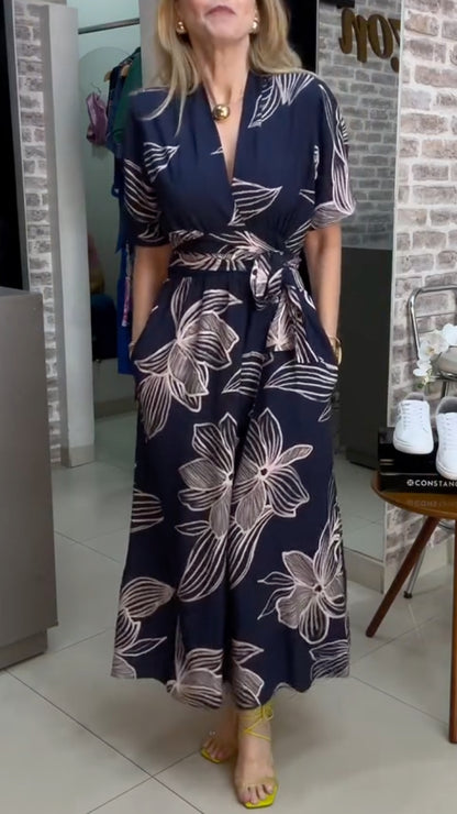 Navy Floral Wrap Midi Dress