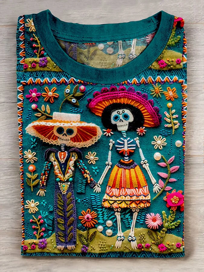 Mexican Catrina Day Of The Dead Sugar Skeleton Inspired Cotton Graphic T-Shirt