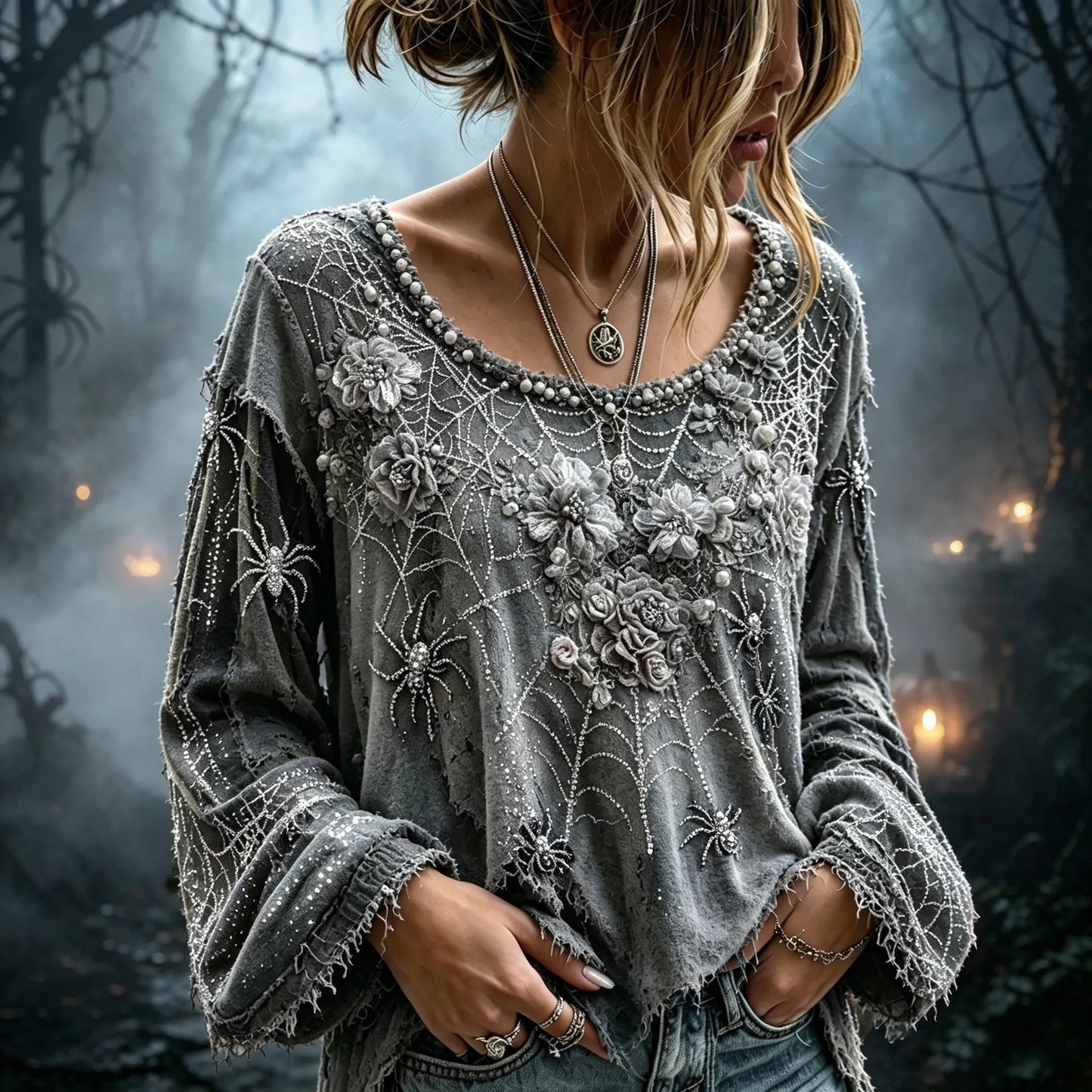 Women's Vintage Hallowen Flowers Spider Web Art Witch Top