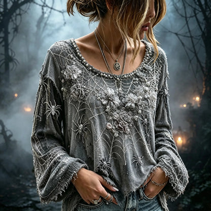 Women's Vintage Hallowen Flowers Spider Web Art Witch Top