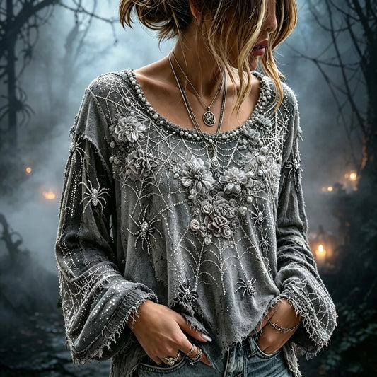 Women's Vintage Hallowen Flowers Spider Web Art Witch Top