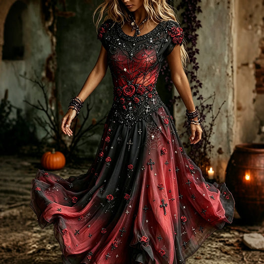 Women's Vintage Halloween Rose Art Crew Neck Short Sleeve Maxi Dress