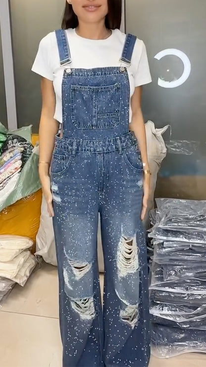 Women's Casual Denim Overalls with Rhinestone Accents and Distressing