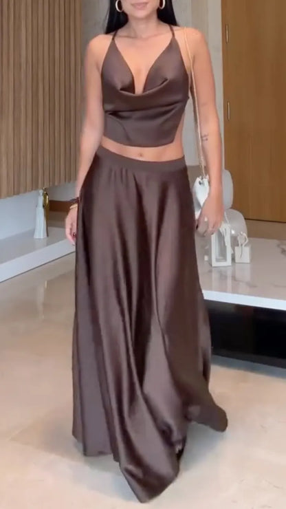 Brown Satin Halter Crop Top & Maxi Skirt Set