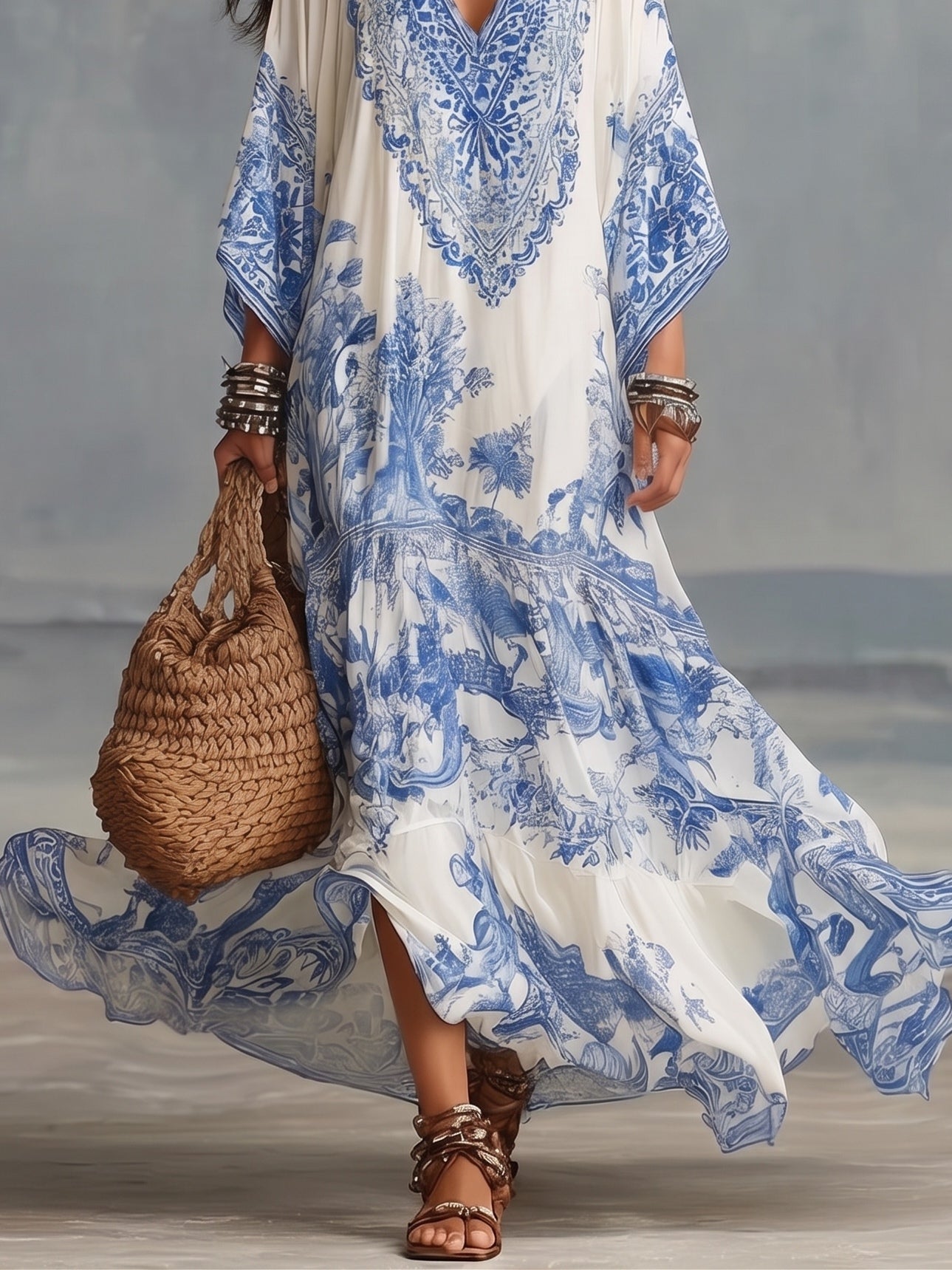 Blue White Floral Print V-neck Batwing Sleeve Kaftan Resort Maxi Dress