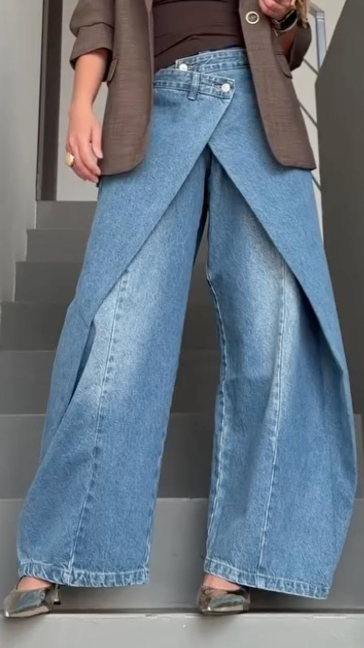 Brown Blazer & Wrap-Front Denim Pants Outfit