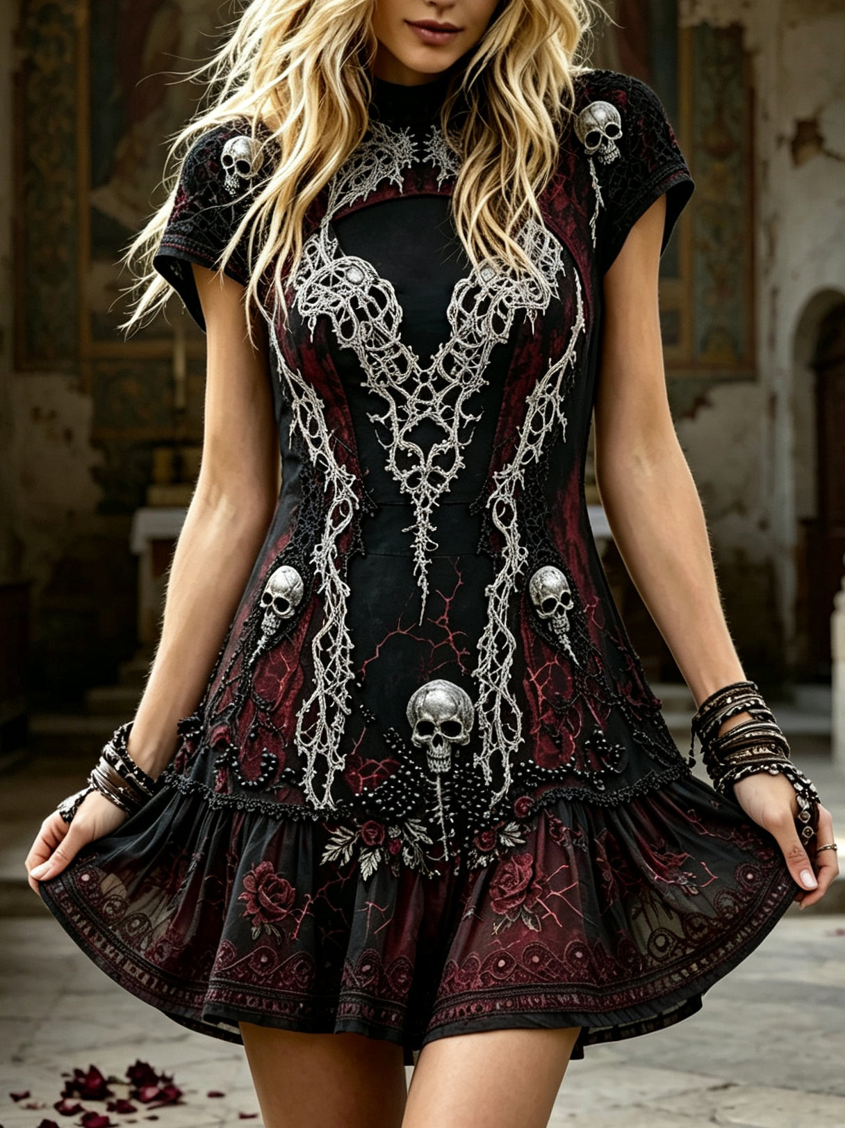 Women's Gothic Rose Skull Design Round Neck Cotton Linen Short-sleeved Dress