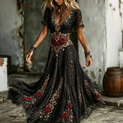 Women's Halloween Gothic Red Rose Embroidery Art V-neck Short Sleeve Maxi Dress
