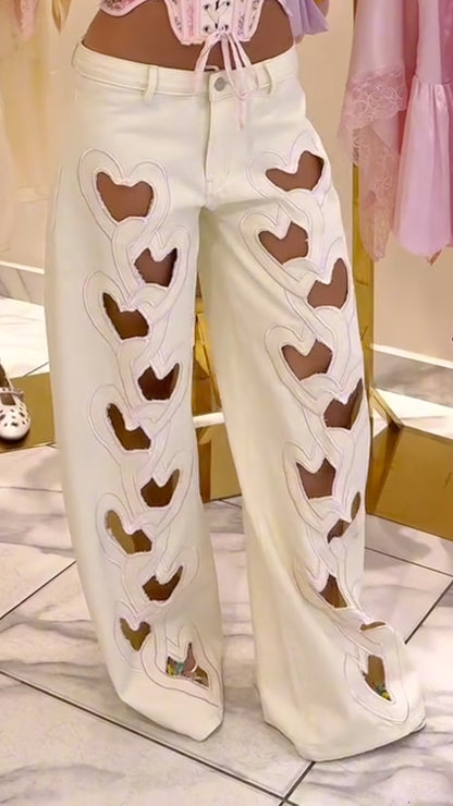 White Heart Cutout Wide Leg Denim Pants