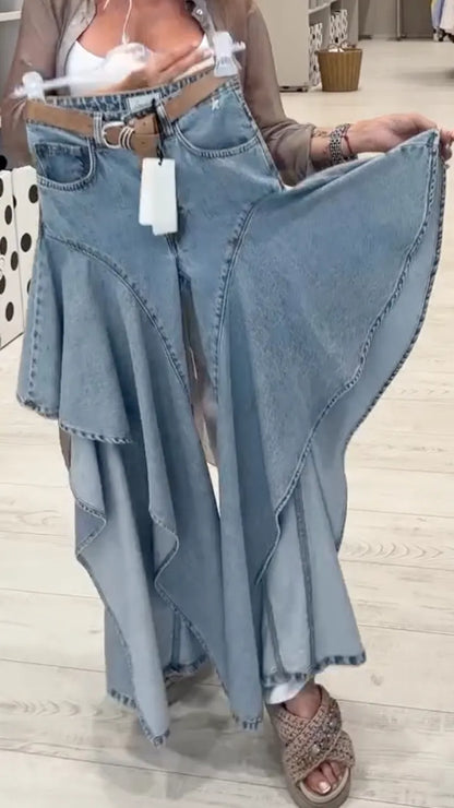 Light Wash Flared Ruffle Hem Denim Pants