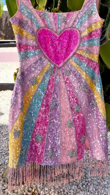 Colorful Heart Sequin Fringe Mini Dress