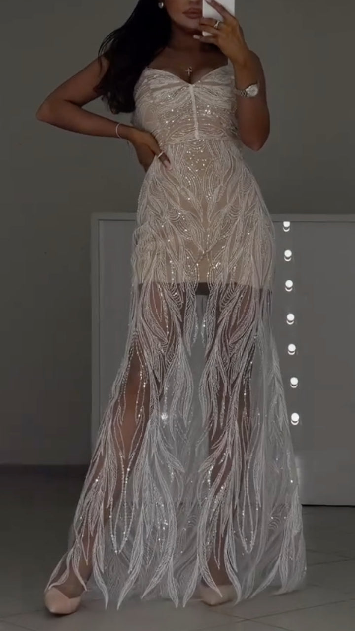 trapless Beaded Feather Sheer Maxi Dress