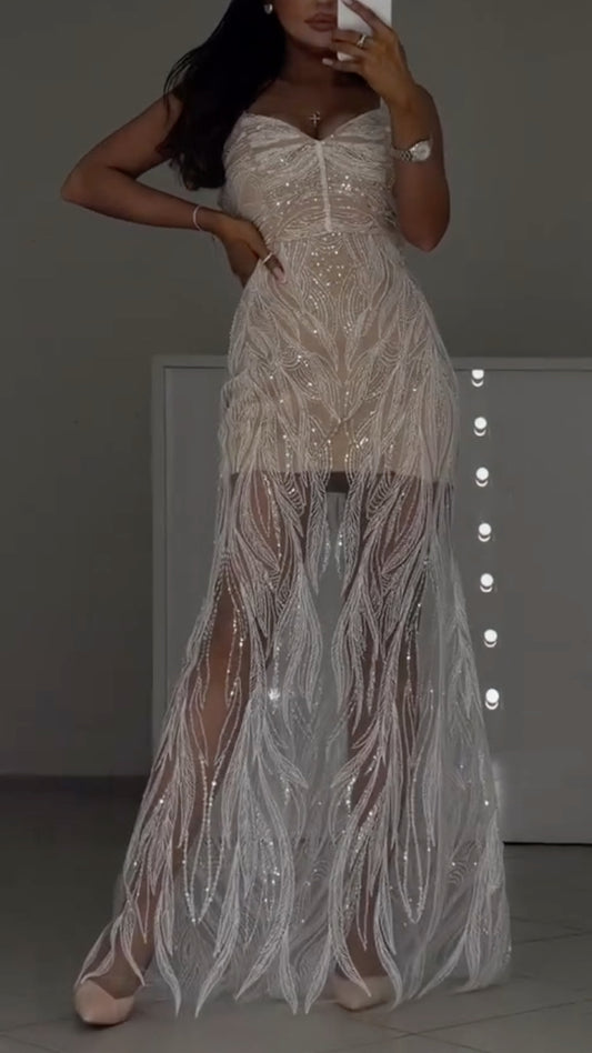 trapless Beaded Feather Sheer Maxi Dress