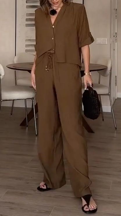 Brown Linen-Blend Button-Down Shirt & Wide Leg Pants Co-Ord