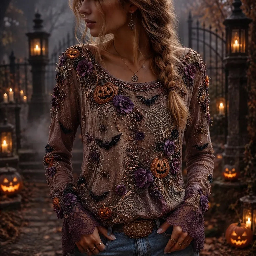 Women's Halloween Spooky Bats, Pumpkins & Lace Long-sleeve Blouse