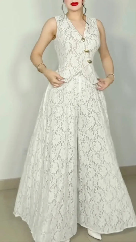 White Floral Lace V-Neck Vest & Wide Leg Pant Two Piece Set