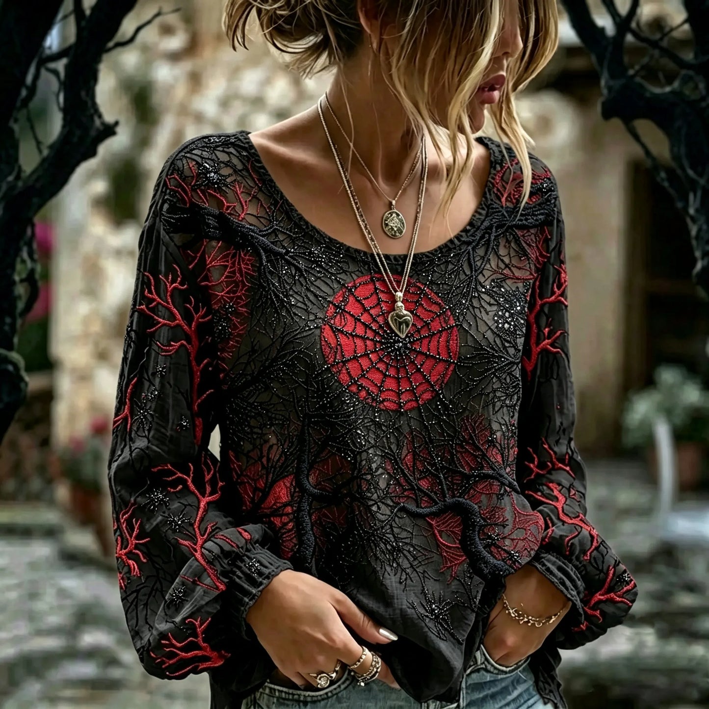 Women's Retro Halloween Spider Web And Branch Embroidery Pattern Round Neck Top