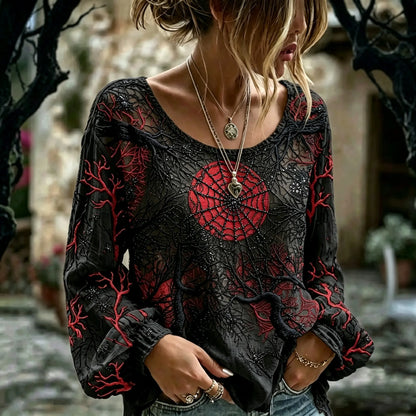 Women's Retro Halloween Spider Web And Branch Embroidery Pattern Round Neck Top