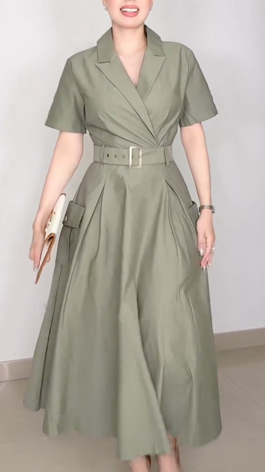 Women's A-Line Dress With Lapel Tie Waist And Elegant Style