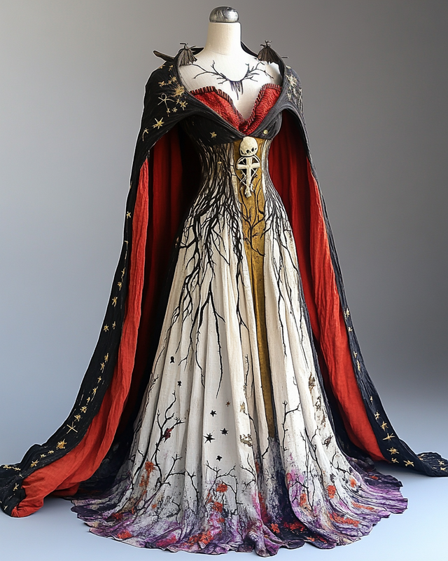 Women's Halloween Bat Wing Sleeve Contrast Color Exaggerated Cape Dress 7351