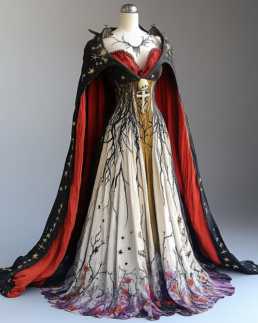 Women's Halloween Bat Wing Sleeve Contrast Color Exaggerated Cape Dress 7351