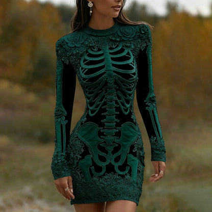 Women's Vintage Halloween Skeleton Bones With Rose Art Cozy Knit Mini Sweater Dress