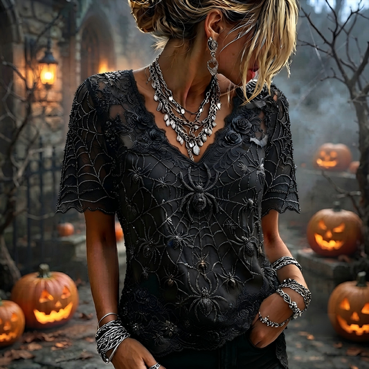 Women's Dark Boho Spiderweb Embroidered Blouse