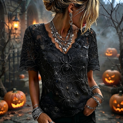 Women's Dark Boho Spiderweb Embroidered Blouse