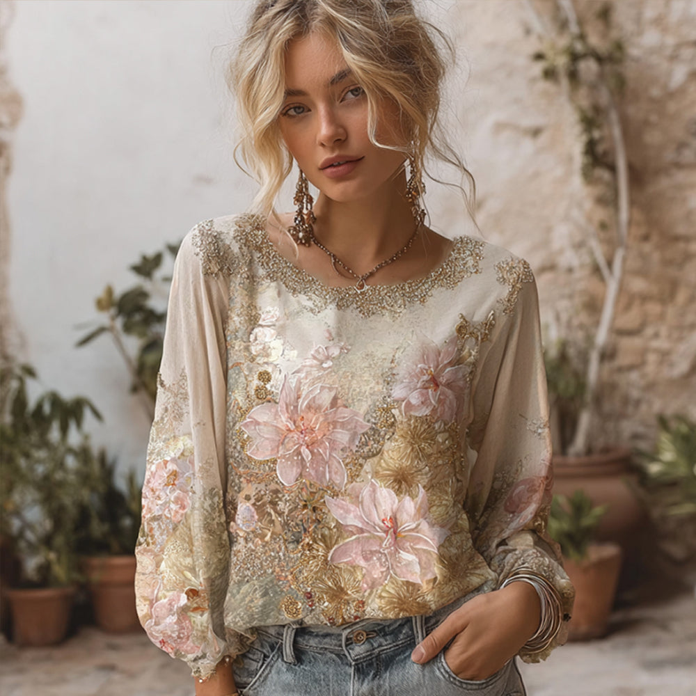 Women's Bohemian Lily Print Dyeing Gold Round Neck Long Sleeve Top