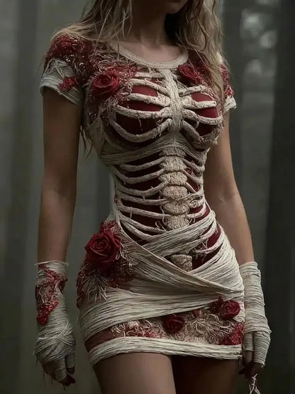 Women's Vintage Halloween Rose And Human Skeleton Art Pattern Short Sleeve Mini Dress