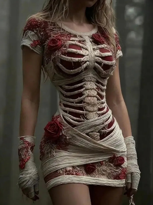 Women's Vintage Halloween Rose And Human Skeleton Art Pattern Short Sleeve Mini Dress