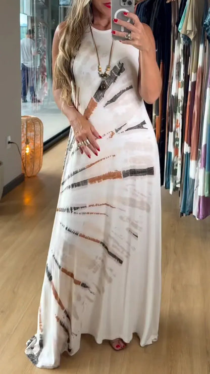Women's Crew-Neck Tie-Dye Sleeveless Floor-Length Vacation Dress