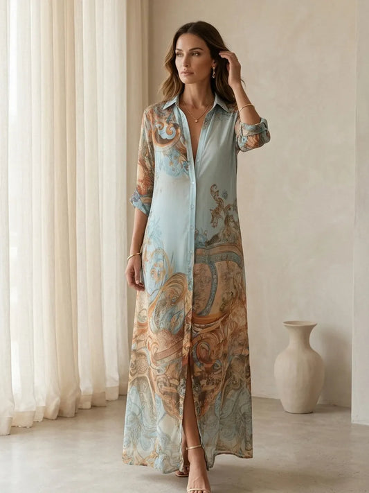 Baroque Style Floral Blue Chiffon Maxi Dress
