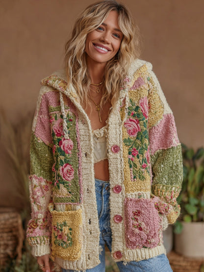 Women's Vintage Patchwork Floral Art Hooded Cardigan