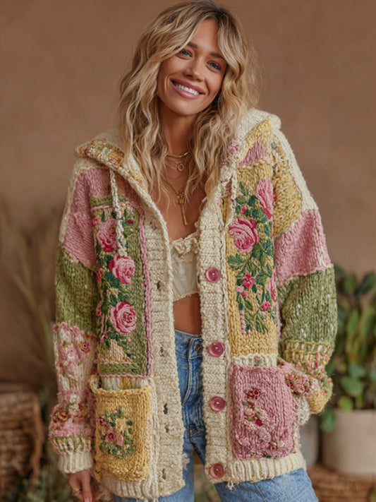 Women's Vintage Patchwork Floral Art Hooded Cardigan