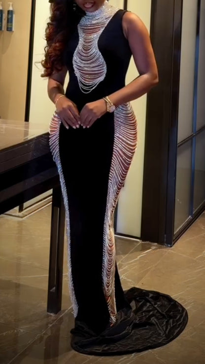Black Velvet Crystal Fringe Mermaid Gown