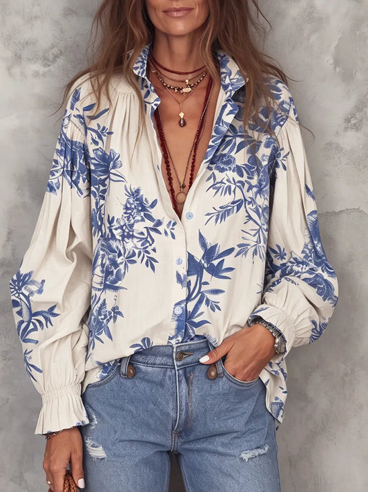 Boho Vintage Floral Print Cotton-linen Shirt