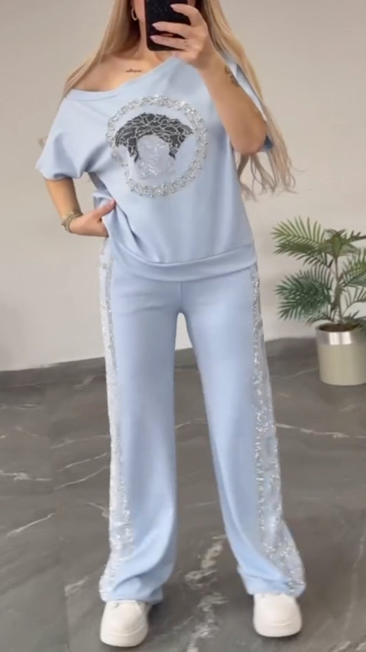 Rhinestone Trim Medusa Print Tracksuit Set