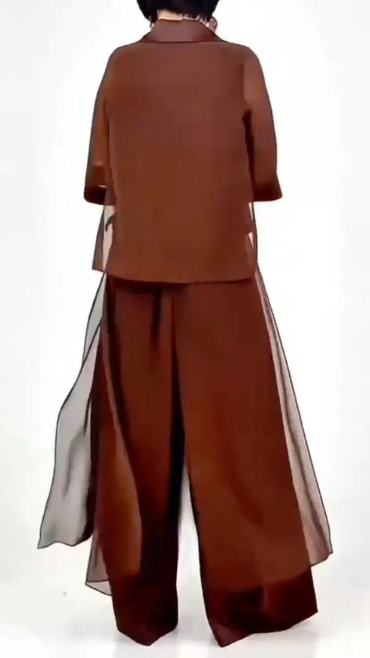 Women's Lapel Chiffon Top & Flowy Wide-Leg Pants Casual Set