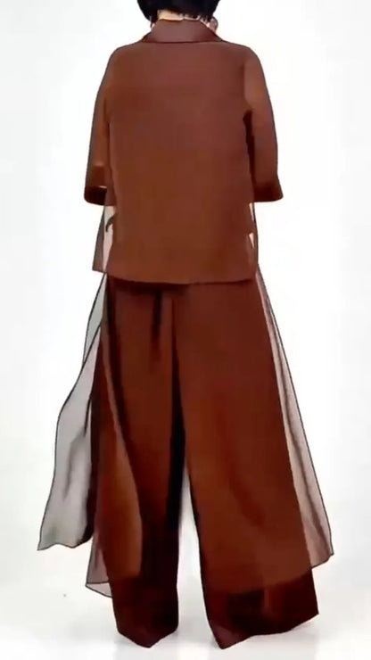 Women's Lapel Chiffon Top & Flowy Wide-Leg Pants Casual Set