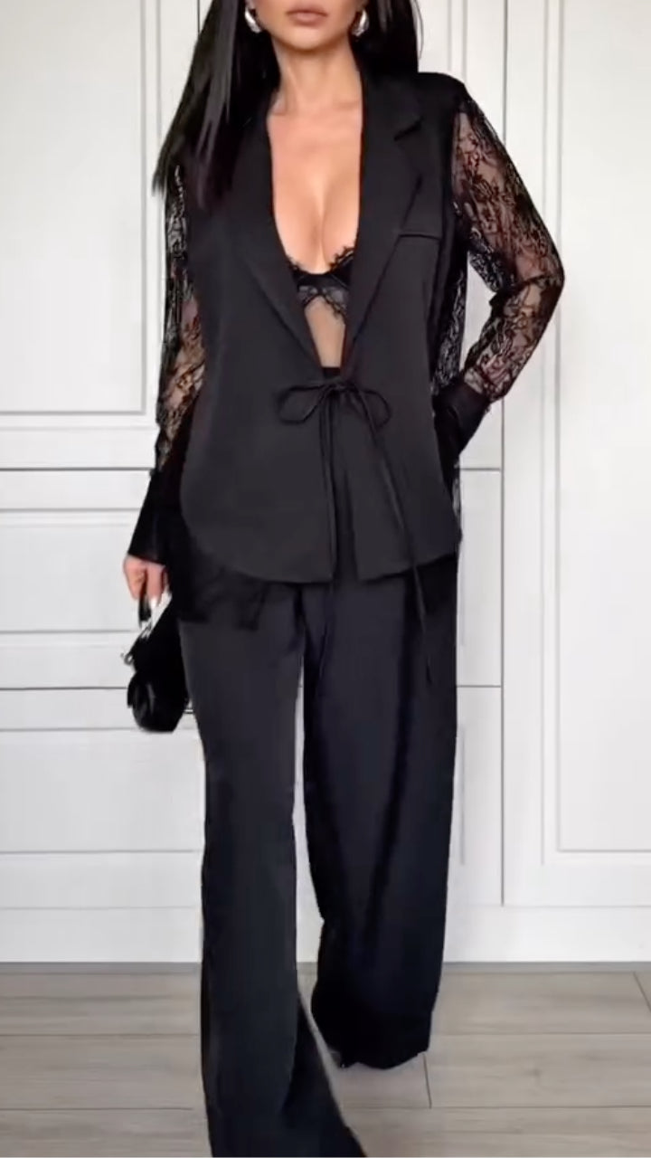 Lace Sleeve Blazer & Wide Leg Pants Co-Ord