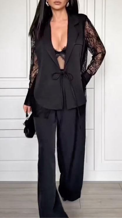 Lace Sleeve Blazer & Wide Leg Pants Co-Ord