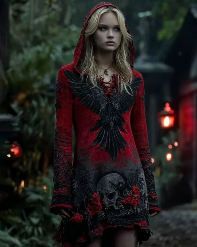Halloween Skull Crow Embroidered Hooded Dress fee8