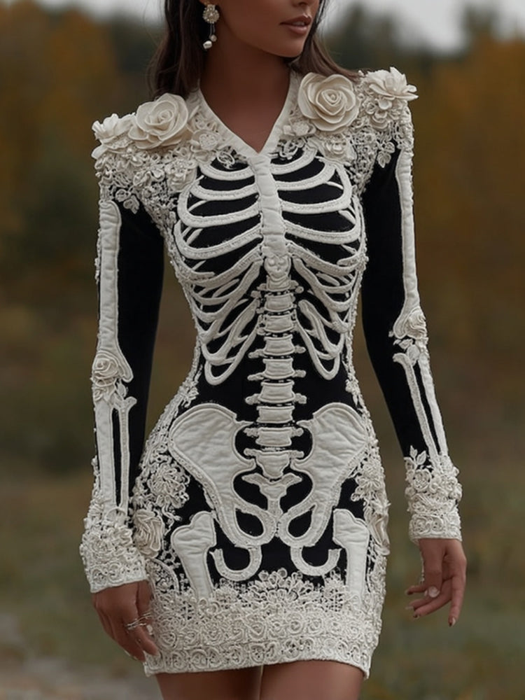 Women's Halloween Skeleton Bones With Rose Art Cozy Knit V Neck Mini Sweater Dress